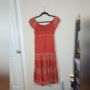 Vintage Alcerino Orange Floral Tiered Off Shoulder Puff Sleeve Flamenco Dress